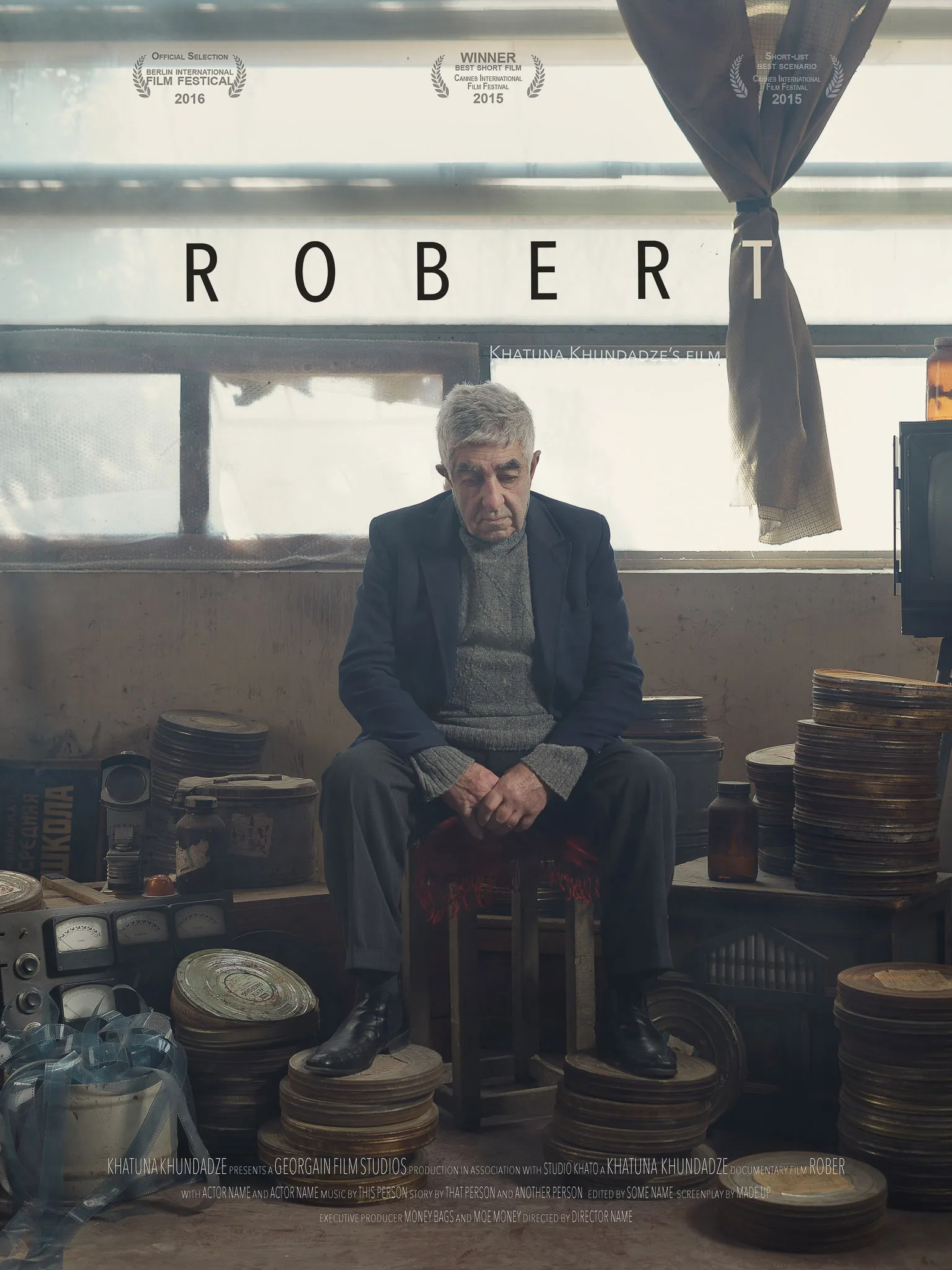 Poster for Robert: Robert on a stool among film cans under the title.