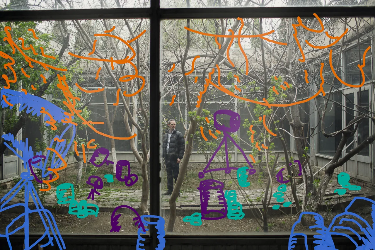A test shot through a window with a coloured sketch of the scene drawn over it.