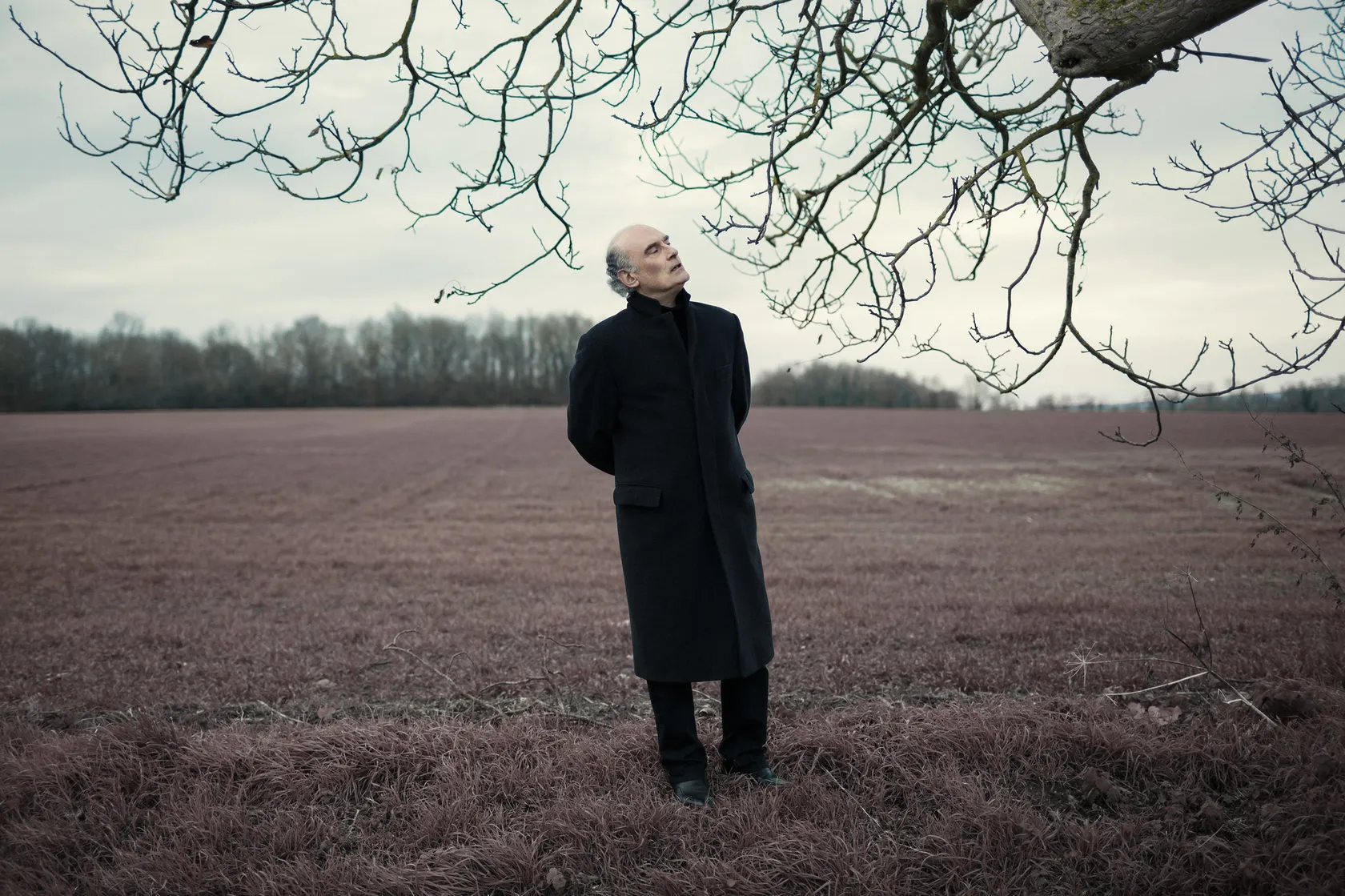 Michel stands in a field under bare branches, hands behind his back.