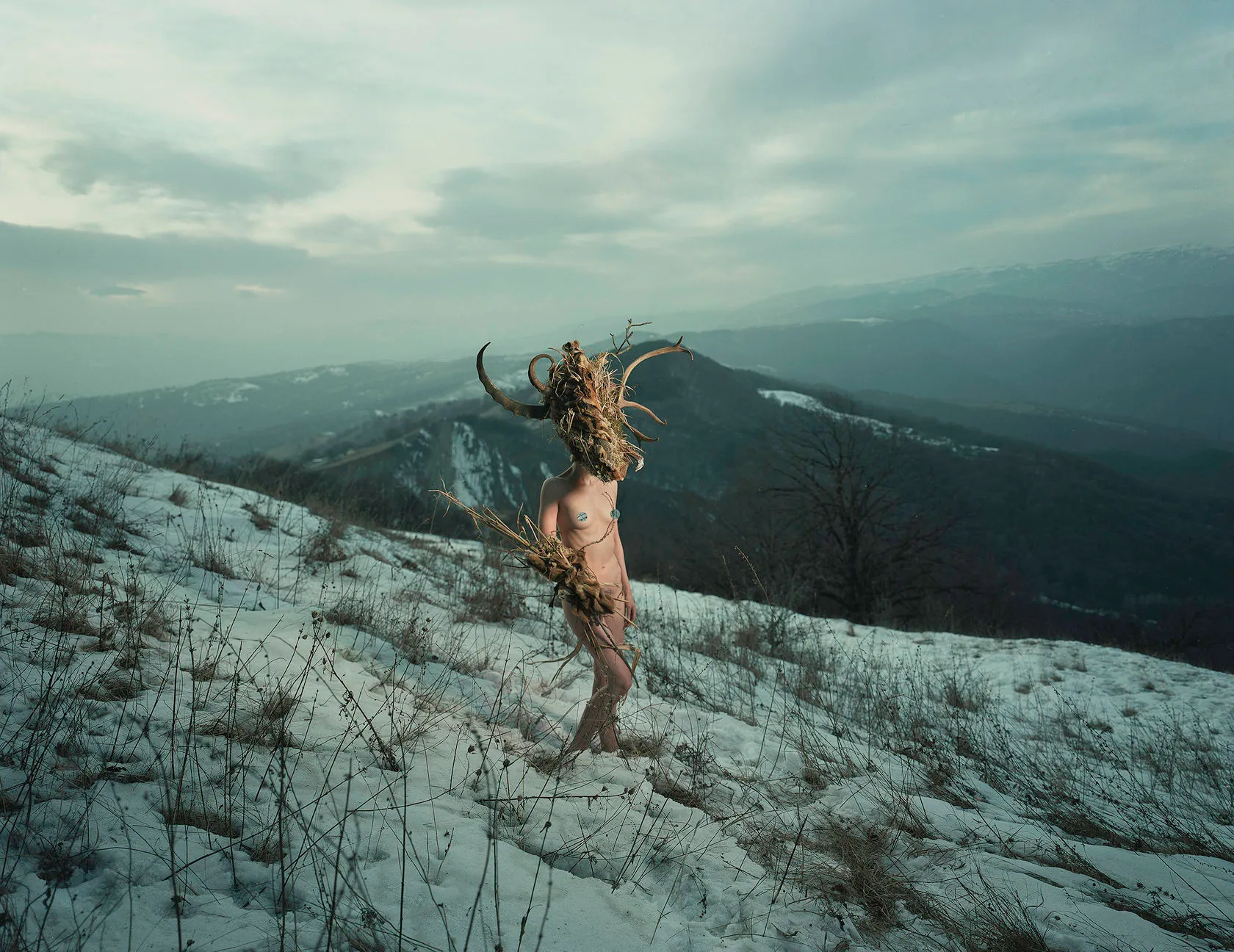 Dàli, crowned with horns and dry grass, walks across a snowy mountain slope.