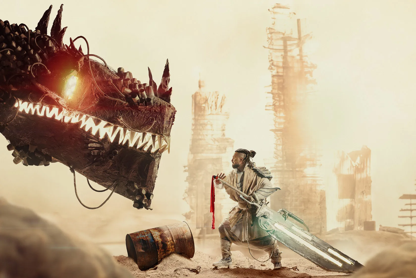 A samurai with a long blade faces a giant mechanical Godzilla head among desert ruins.