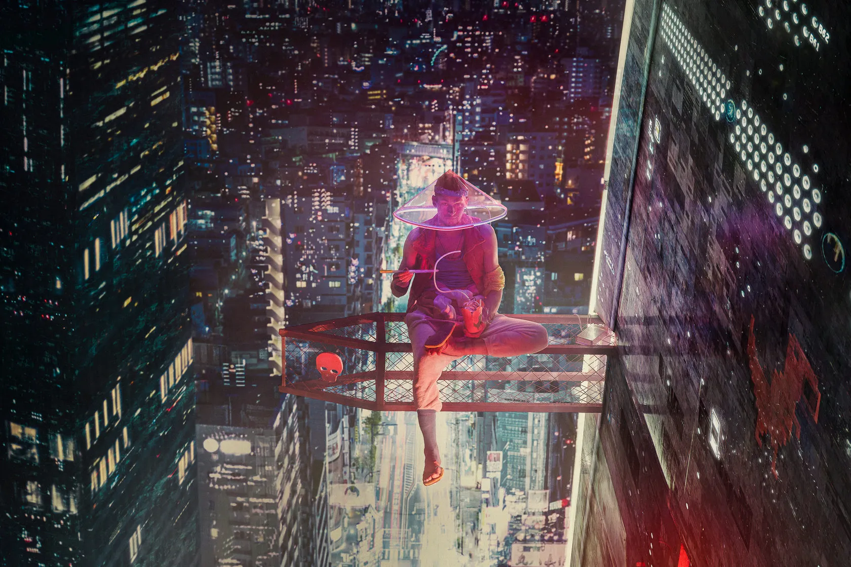 A figure in a glowing hat sits on a ledge high above a neon city at night.