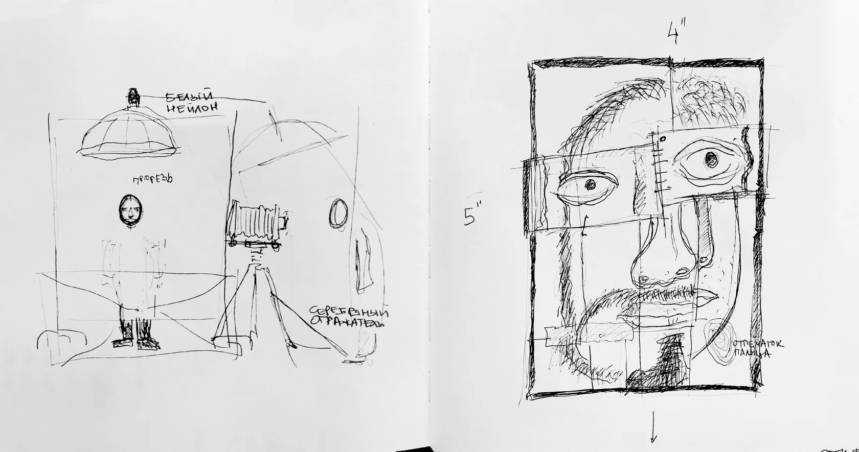 Sketchbook spread: the lighting set-up and a plan for a face collage in a 4×5 frame.