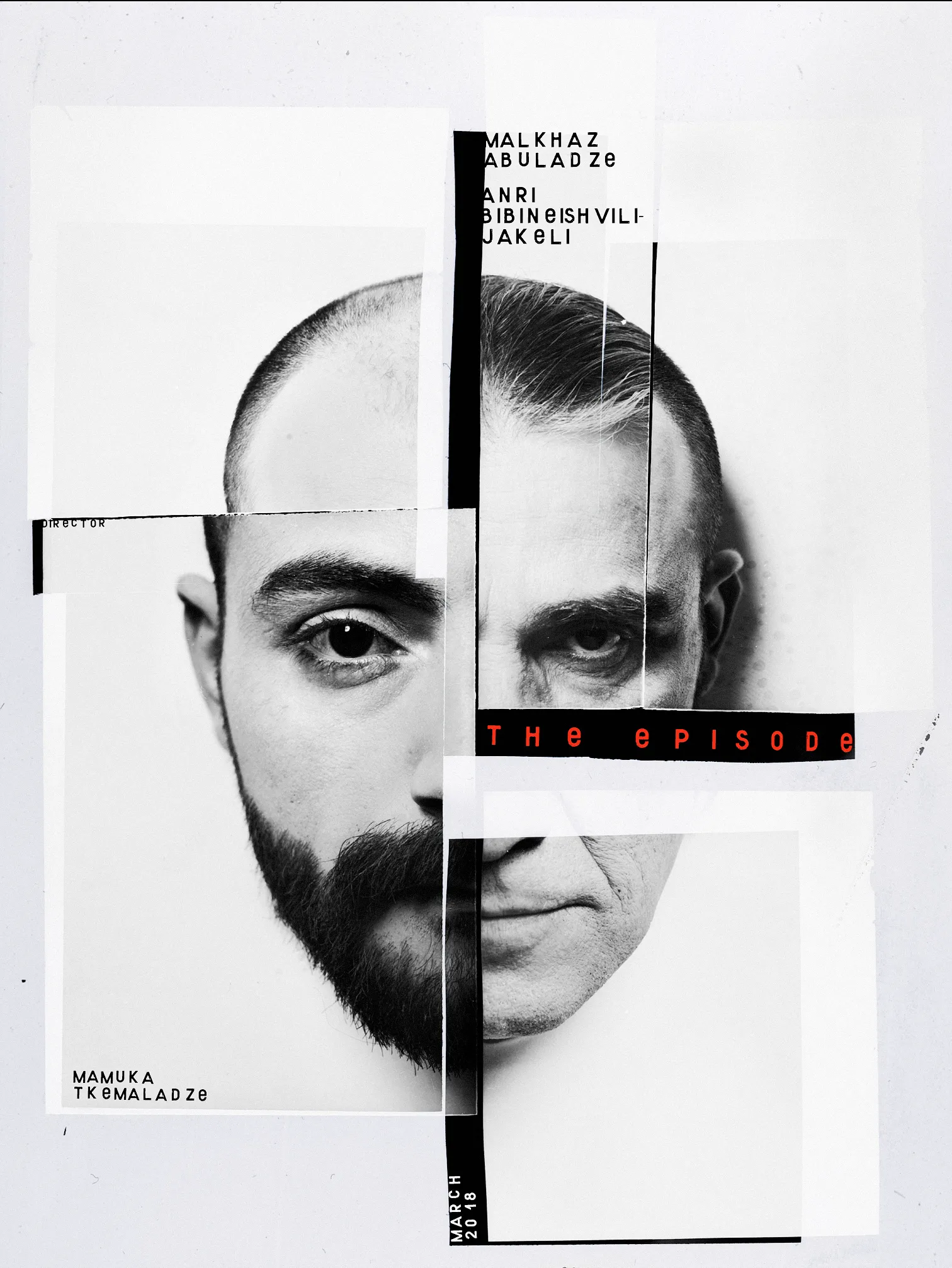 Poster: two actors’ faces cut into pieces and collaged into one, titled The Episode.
