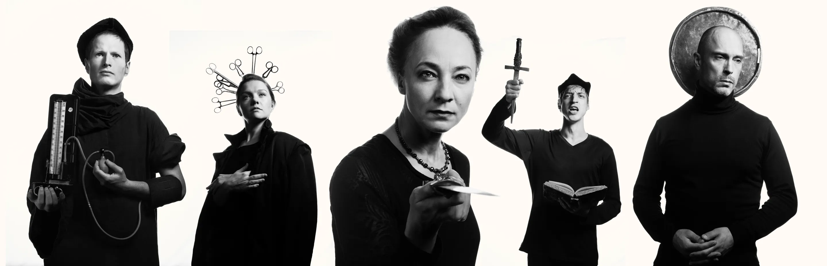 The Fomenko Portfolio by Andrei Kovalev: the theatre's cast and crew line up for a black-and-white group portrait, each holding a prop.