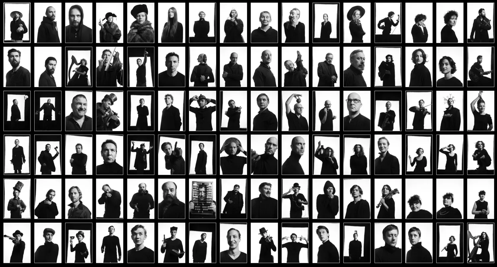 Dozens of black-and-white cast portraits laid out in a contact-sheet grid.